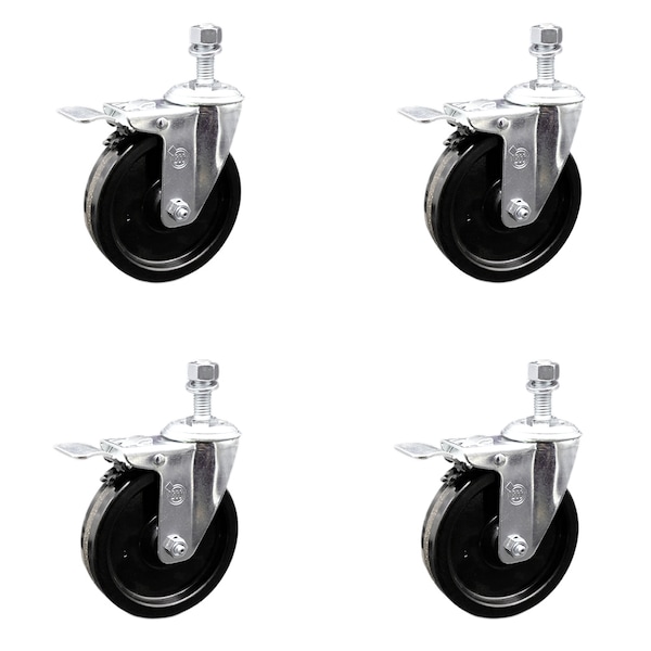 5 Inch SS Phenolic Swivel 12mm Threaded Stem Caster Set Total Lock Brake SCC